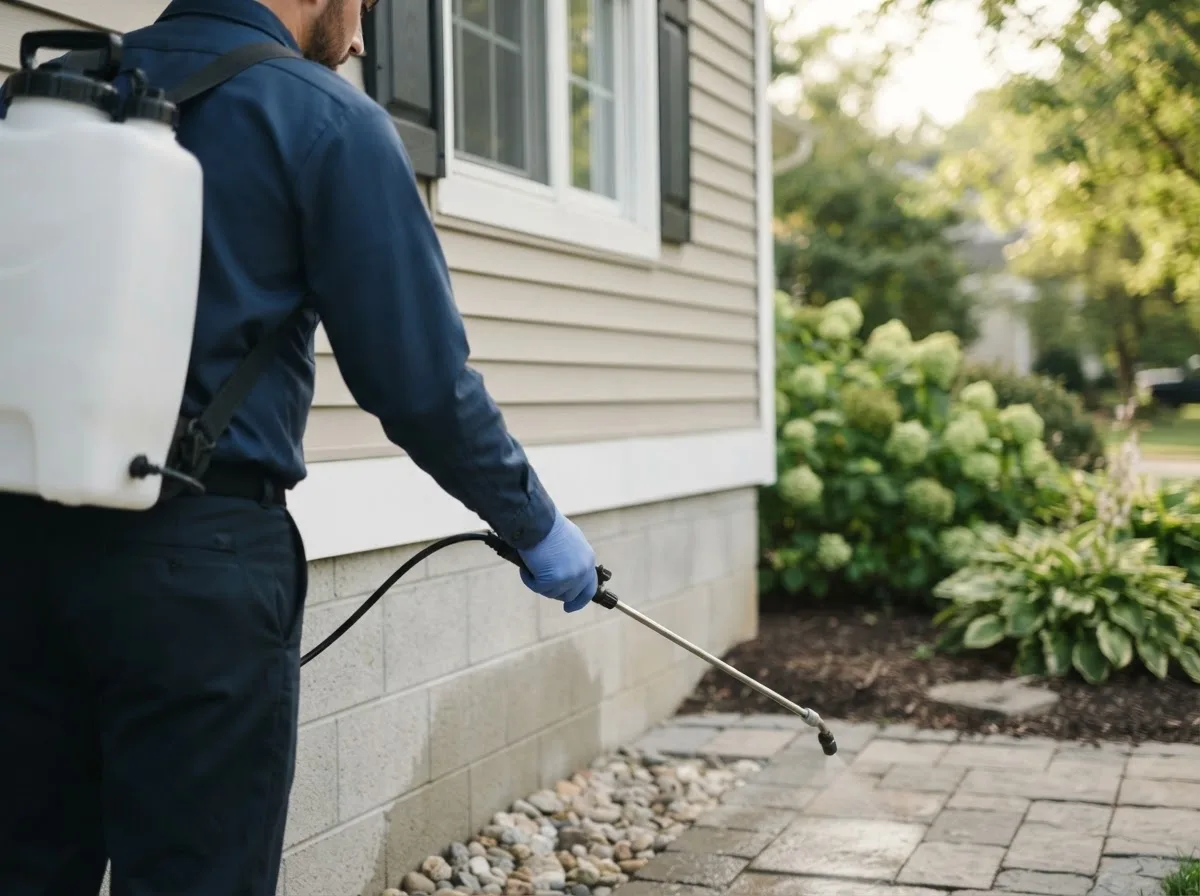 Pest control technician inspecting a home in Wilmington, OH